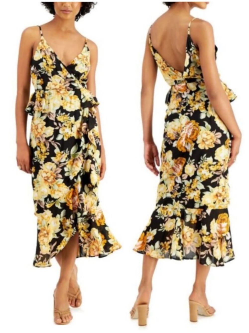 BARDOT Women’s Size S Black Yellow Floral Sleeveless Faux Wrap Peplum Midi Dress - Picture 13 of 13